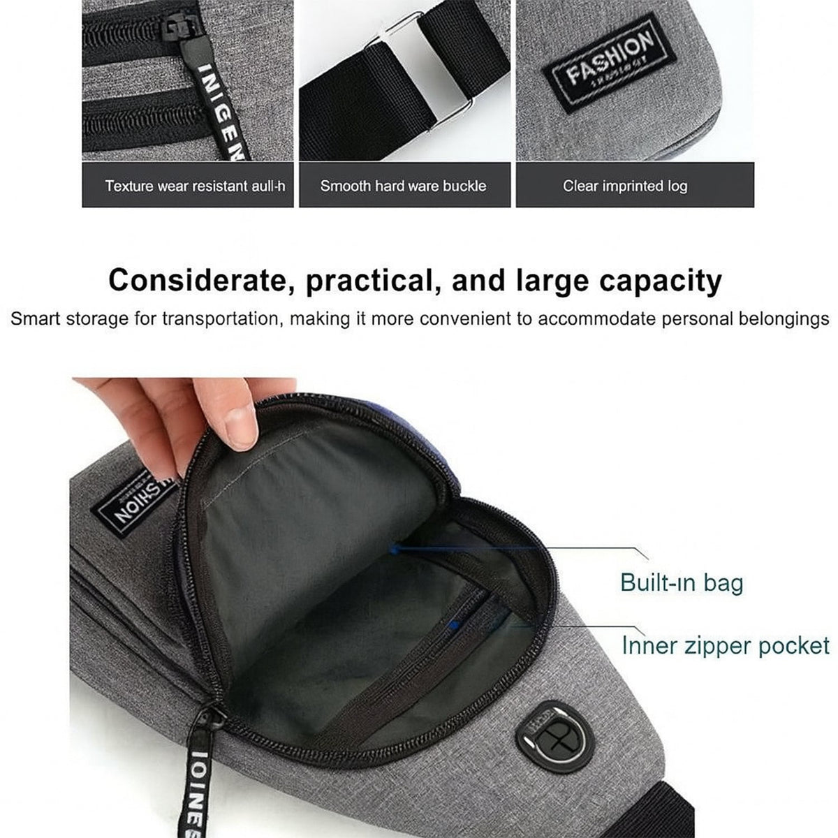 Waterproof Anti Theft Cross-body fanny pack waist bag, Shoulder Bags Chest Men Casual fashion USB Charging earphone hook Sling Travel Bag (1 Pc)